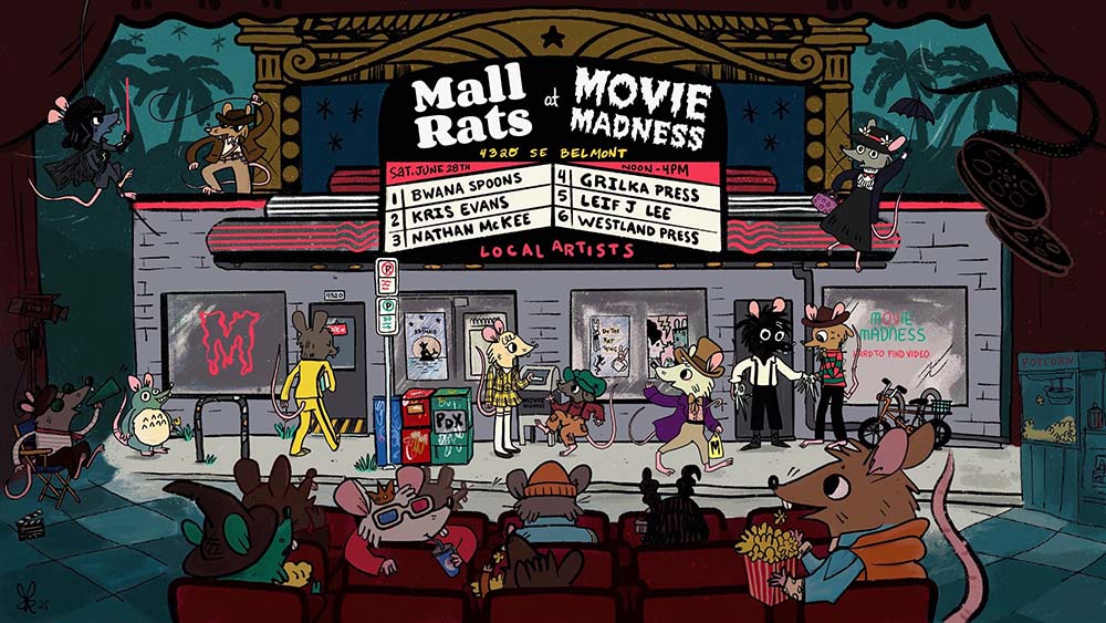 announcement flyer for mall rats show at movie madness